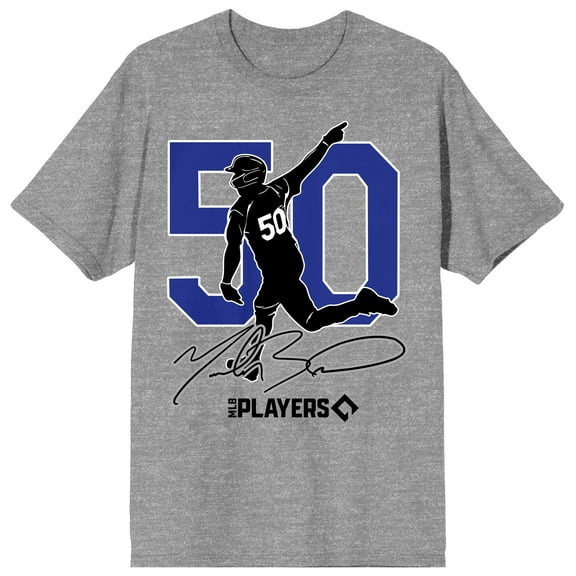 Mookie Betts silhouette, Number 50, signature and logo on Athletic Heather Short Sleeve Adult T-Shirt-XXL