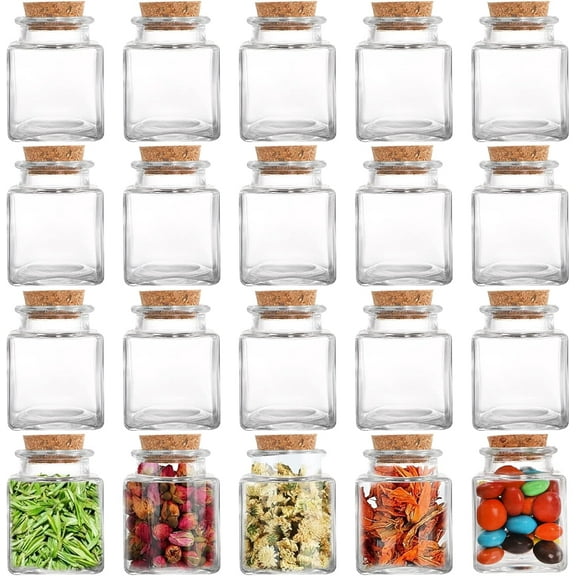 Liuging 20 PCS Glass Favor Jars with Cork Lids, 2 OZ Mini Square Vials Bottles for Herb Storage, Small Spice Containers for Tea, Jelly, Candy, Wedding & Party Favors, DIY Crafts