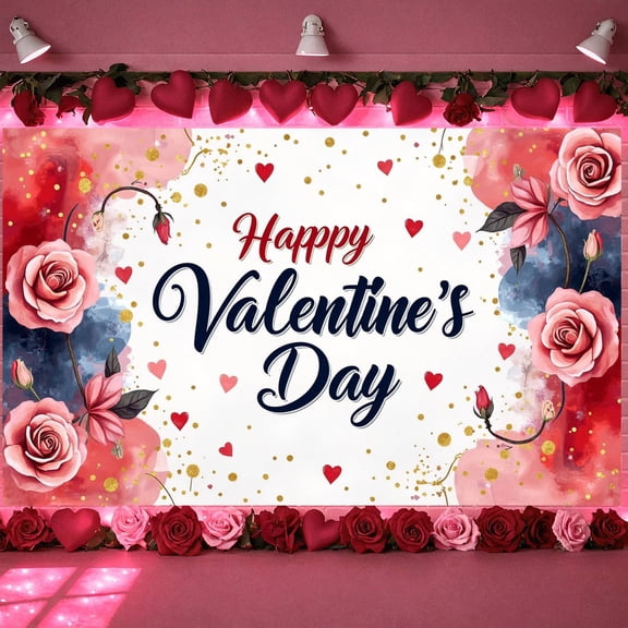Red Pink Theme Valentine's Day Banner Rose Pattern Romantic Backdrop Heart Design Gold Glitter Love Display for Valentine's Day Party Romantic Date Anniversary Celebration