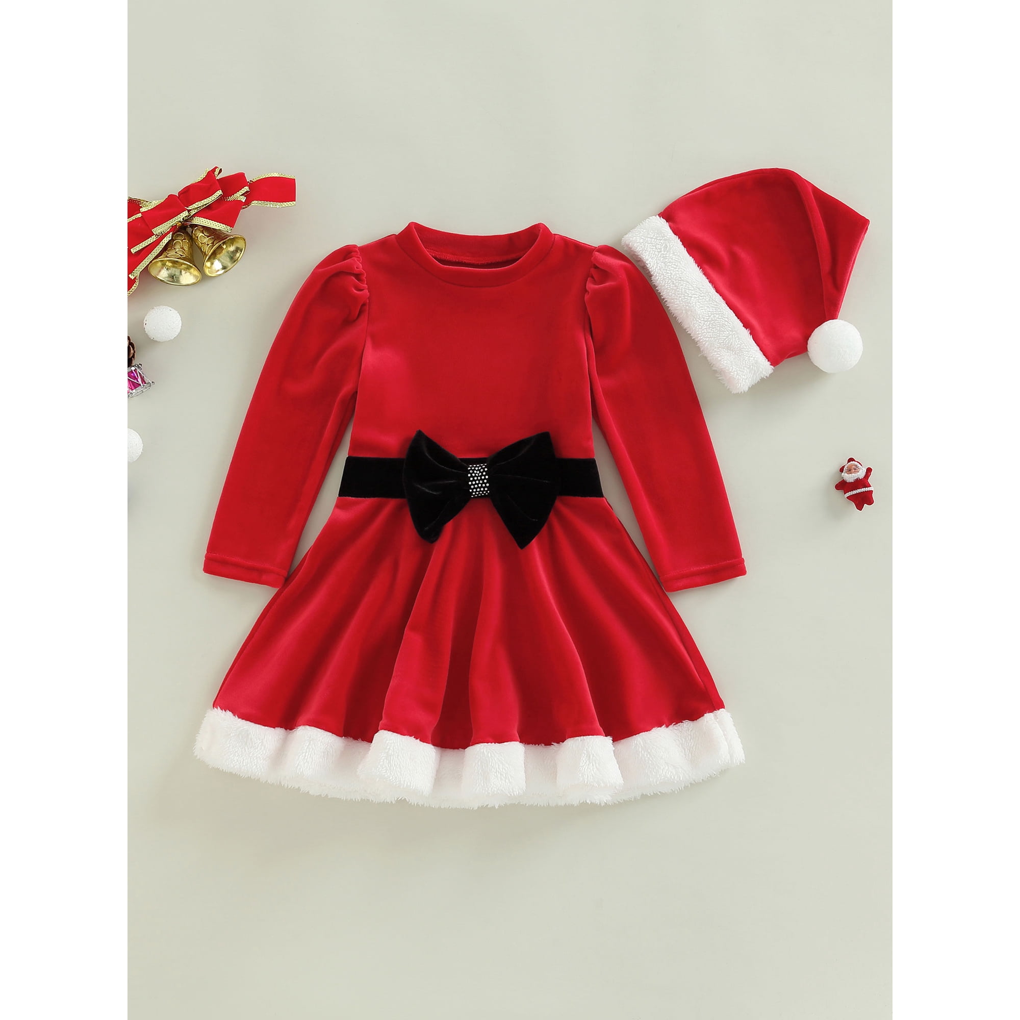 Sunloudy Toddler Kids Girls Christmas Dress Patchwork Long Sleeve Bowknot Princess Red Velvet Dress with Hat Walmart