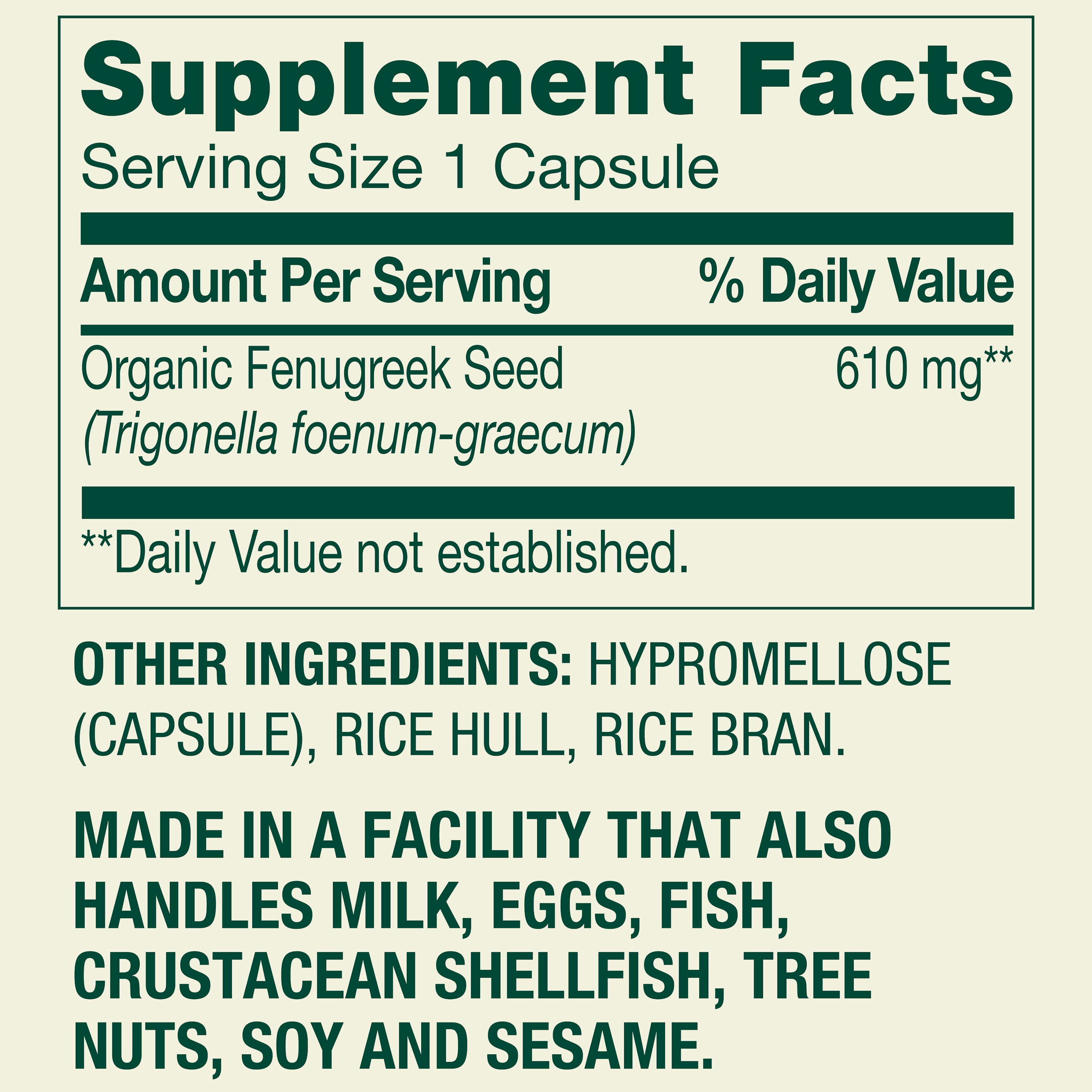 Spring Valley Fenugreek Dietary Supplement Vegetarian Capsules for General Wellness, 610 mg, 100 Count