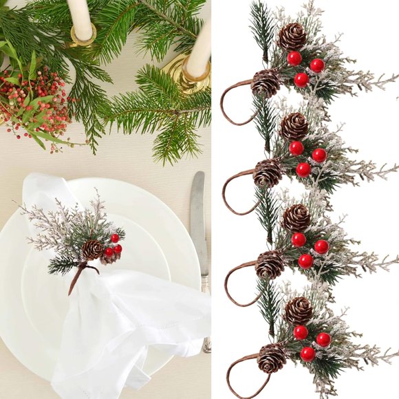 Christmas Cedar Red Fruit Napkin Rings Natural Pine Needle Napkin Holder Table Decoration for Christmas New Year Party Xmas Pine Cone Berries Napkin Ring Holders 4 Pcs, Green