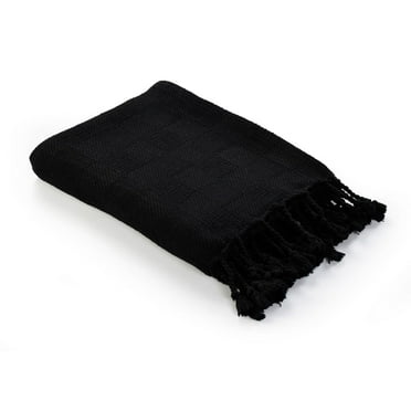 Laddha Home Designs Black Checkered Weave Throw Blanket with Fringes 50" x 60"