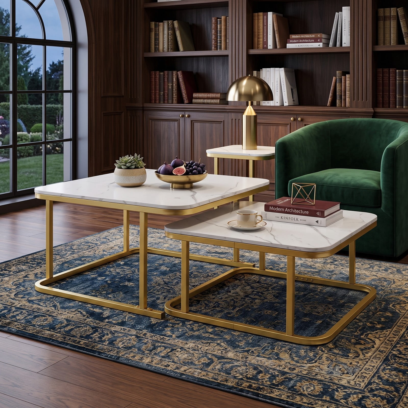 Furnibear Nesting Coffee Table Set of 2, Faux Marble Top Round-Corner Cocktail Tables with Powder-Coated Metal Frame, Stackable Space-Saving Side End, White & Gold