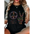 thumbnail image 1 of Women's Ragular Size Hippie Graphic Print T-Shirt - Peace Sign "V" Design, Short Sleeve Crew Neck Casual Top for Spring & Summer, Vibrant Geometric Pattern, Soft Cotton Blend, Machine Washable, Hippi, 1 of 6