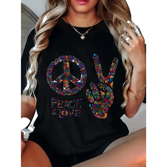 Women's Ragular Size Hippie Graphic Print T-Shirt - Peace Sign "V" Design, Short Sleeve Crew Neck Casual Top for Spring & Summer, Vibrant Geometric Pattern, Soft Cotton Blend, Machine Washable, Hippi