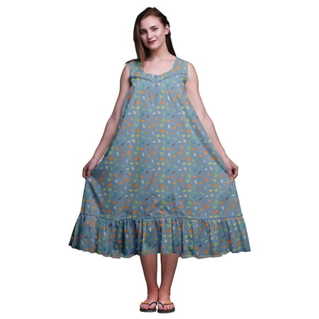 

Bimba Dusty Blue Clip Art Leaves & Berries Sleeveless Cotton Nightgowns For Women Printed Mid-Calf Length Sleepwear X-Small