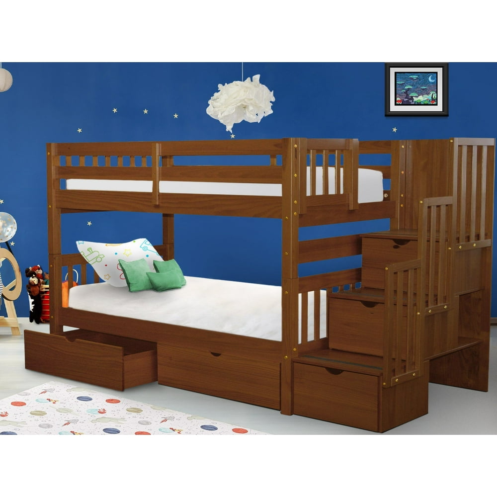 Bedz King Stairway Bunk Beds Twin over Twin with 3 Drawers in the Steps