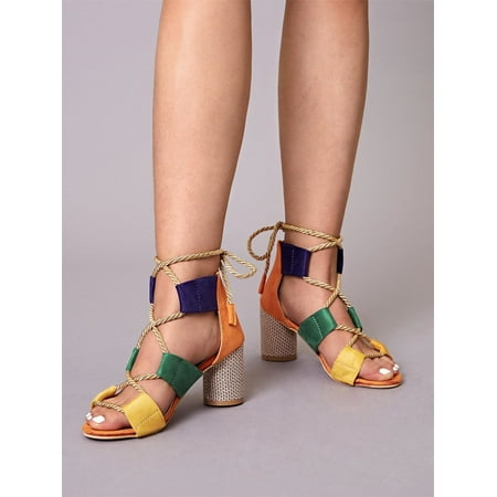 

Women s Color Block Lace up Back Chunky Heels Multi-color EUR38(7.5)