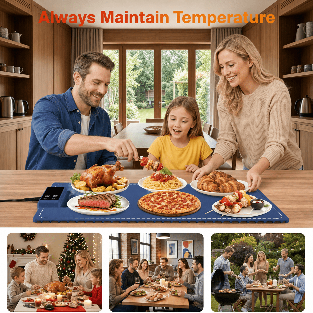 Fenbeli Food Warming Tray, Full-Surface Electric Heating Mat with 6 Temperature Levels, 5 Timer Settings, Foldable, Blue