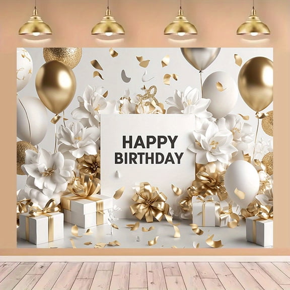 Luxury Birthday Backdrop Elegant White Golden Balloons Happy Birthday Photography Background White Gold Floral Birthday Party Decorations Banner Supplies Photo Booth Props