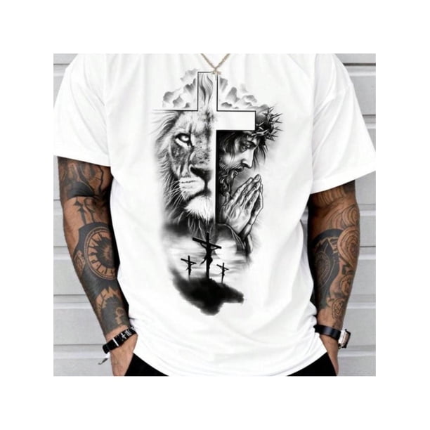 Men's Jesus Print Round Neck Tee, Regular Fit Casual Short Sleeve Crew Neck T-shirt for Summer, Fashion Men's Top for Daily Wear, Tops, Graphic Tees Men