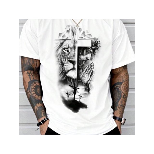 Men's Jesus Print Round Neck Tee, Regular Fit Casual Short Sleeve Crew Neck T-shirt for Summer, Fashion Men's Top for Daily Wear, Tops, Graphic Tees Men