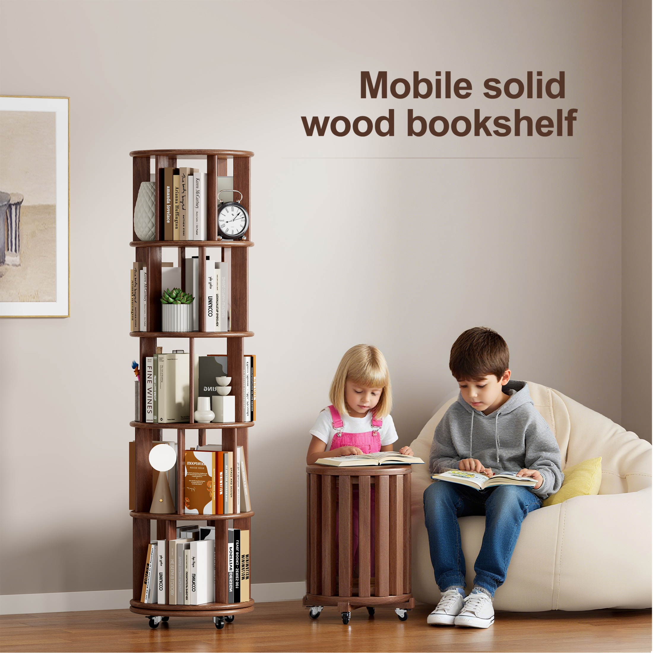 Noble House Saxon 66" 5-Tier Rotating Bookshelf Tower, Solid Rubberwood, 360° Bookcase on Locking Wheels, Walnut