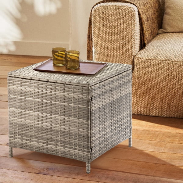 Outdoor PE Wicker Side Table with Storage, Patio Rattan End Table Square Container for Furniture Covers, Toys and Gardening Tools