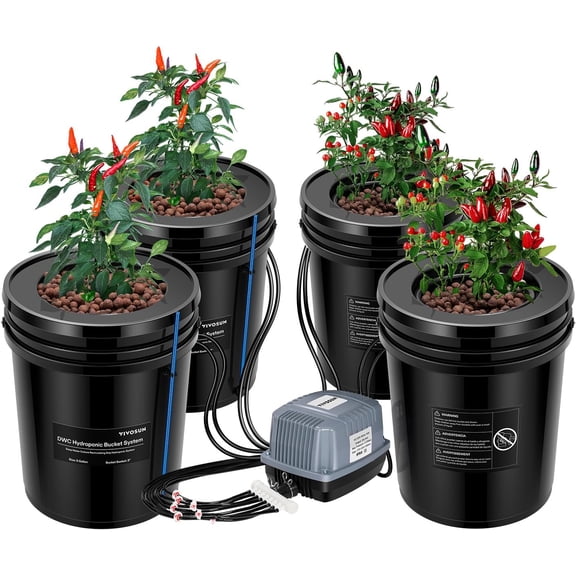 VIVOSUN DWC Hydroponics Grow System with Top Drip Kit, 5-Gallon Deep Water Culture, Recirculating Drip Garden System with Multi-Purpose Air Hose, Air Pump, and Air Stone (4 Buckets   Top Drip Kit)