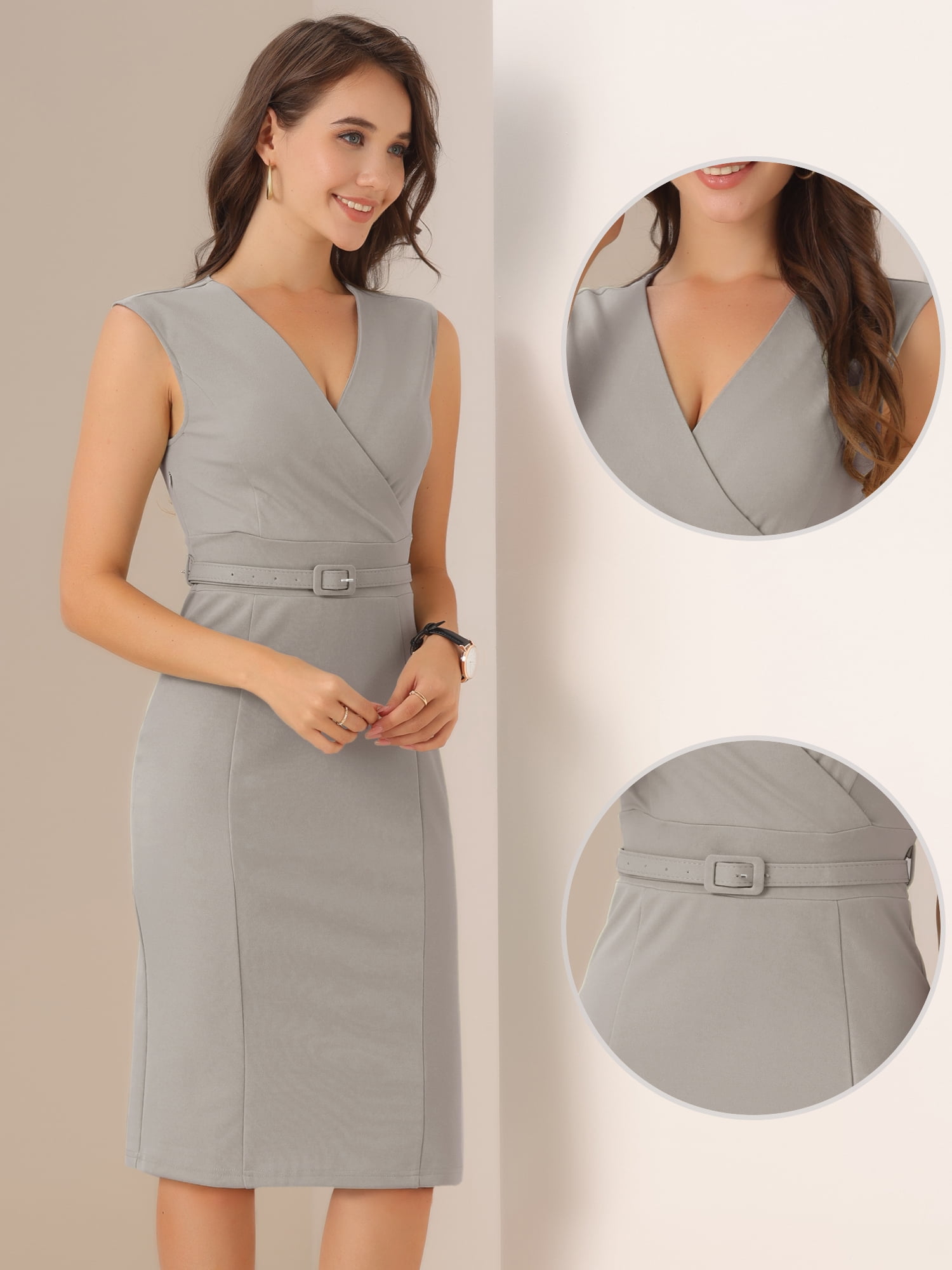 DARING DIVA Women's Wrap V Neck Office Belt Sleeveless Pencil Dress M Gray