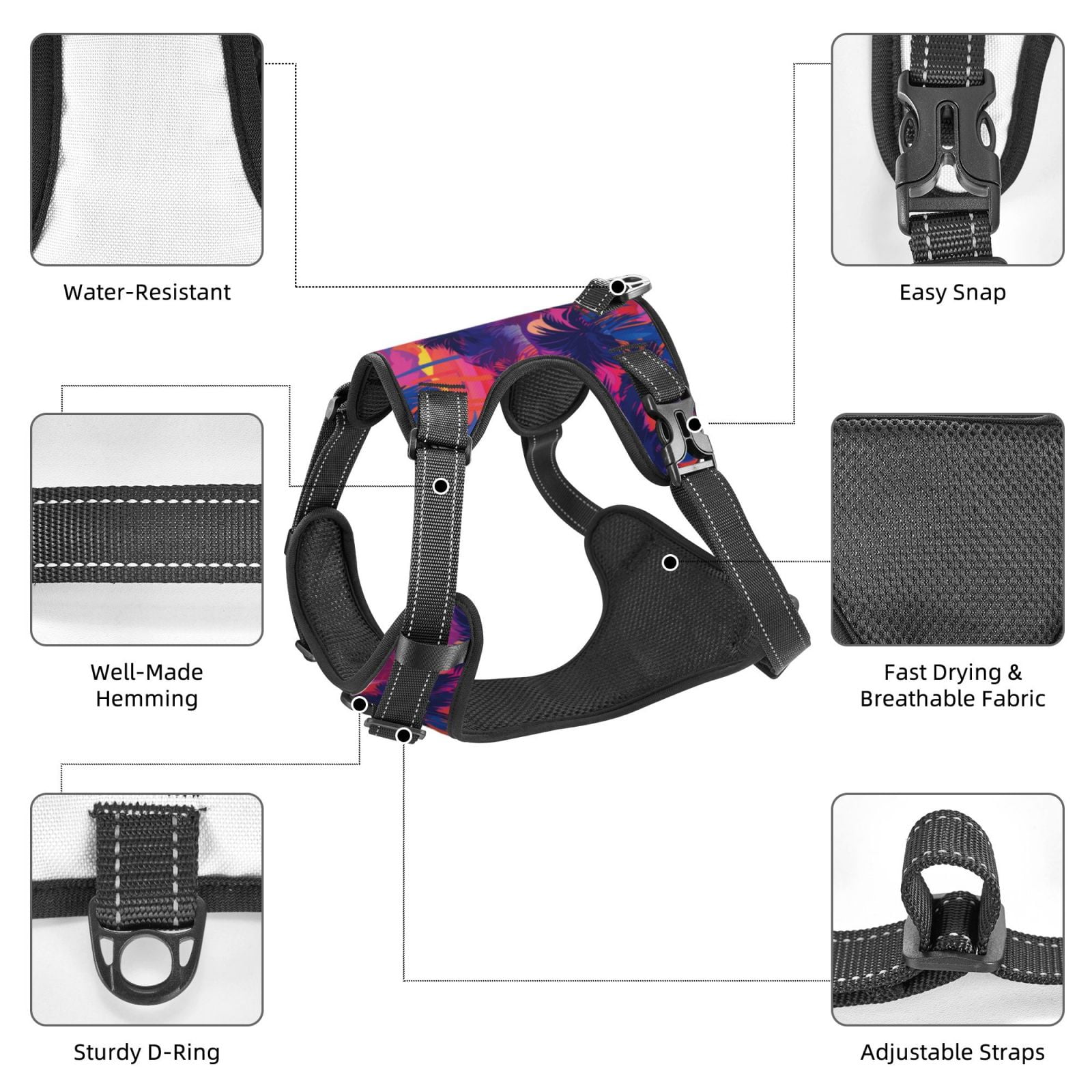 Kdxio Retro Palms Print No Pull Dog Harness Adjustable Reflective Oxford Easy Control Medium Large Dog Harness for Training and Everyday-X-Large