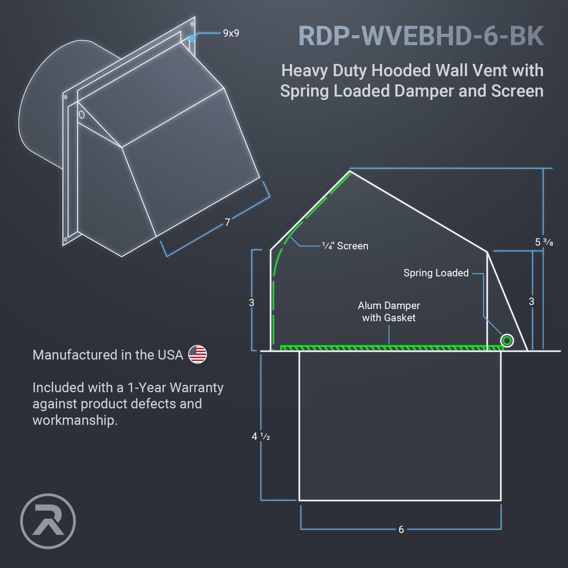 RDP Heavy Duty Hooded Wall Vent with Spring Loaded Damper and Screen (6 inch, Black)