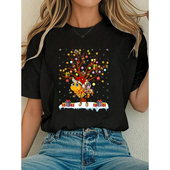 Women Cotton Tshirt Lighting Xmas Tree Decoration Santa Bee Christmas T-Shirt Comfort Tshirt Women