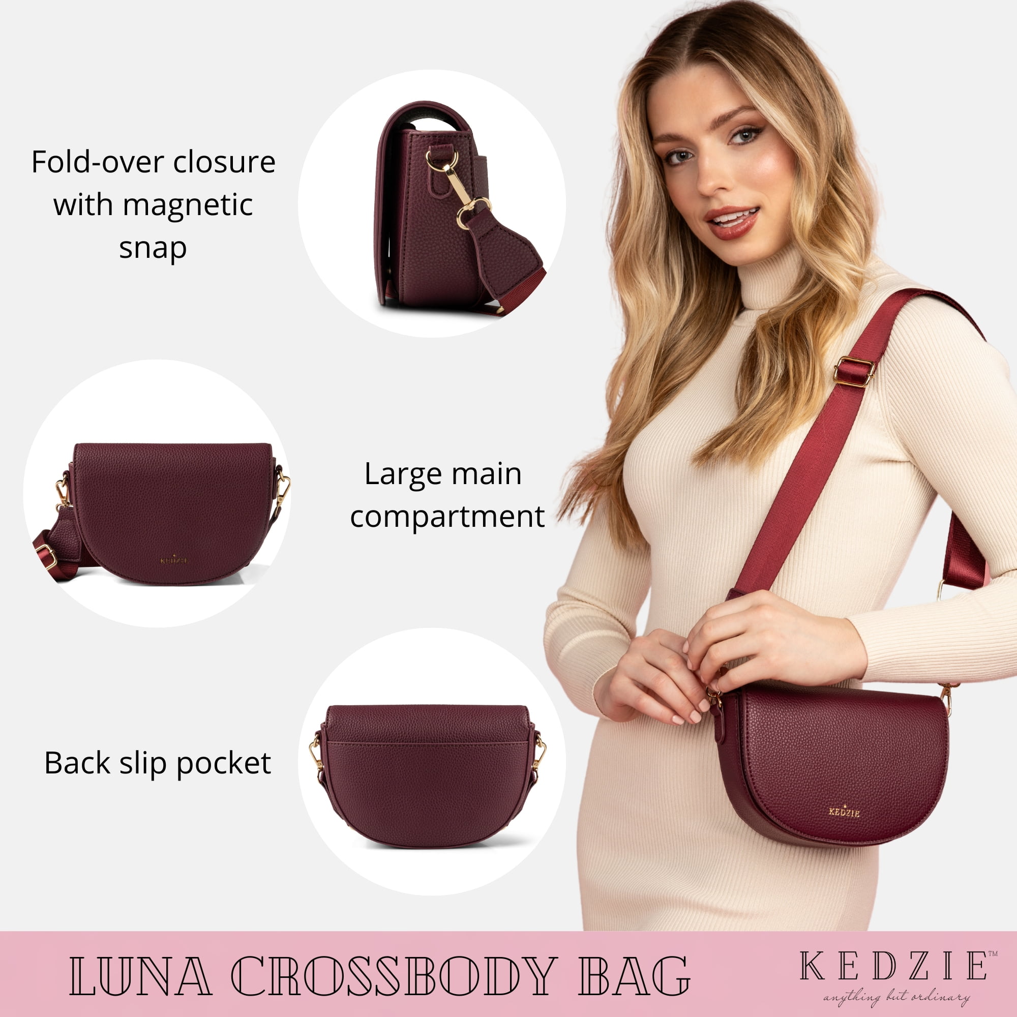 Kedzie Luna Crossbody Bag Shoulder Purse with Removable Strap, Oxblood (Women's)