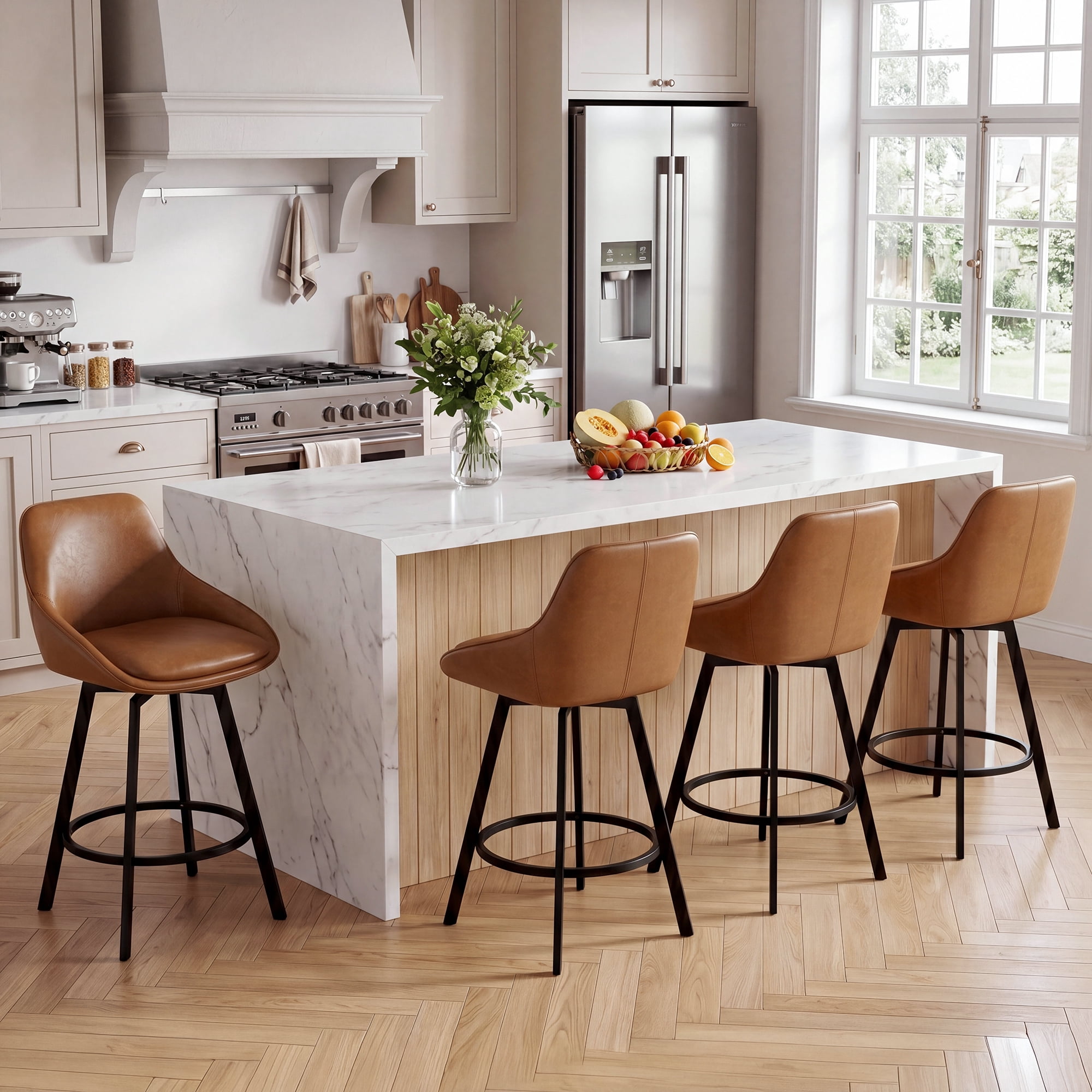 Zesthouse 25.6" Swivel Counter Height Bar Stools Set of 2, Modern Counter Height Chairs with Backs and Metal Legs, Upholstered Faux Leather Barstools for Kitchen Island, Brown