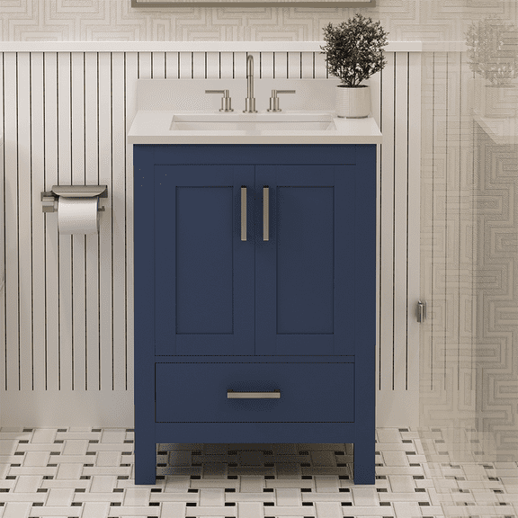 Ayna Decors Rooh 24" Solid Wood Bathroom Vanity with Sink – Navy Blue, 3 Pre-Drilled Faucet Holes, 2 Soft-Close Doors, 1 Full-Extension Drawer, Brushed Nickel Handles
