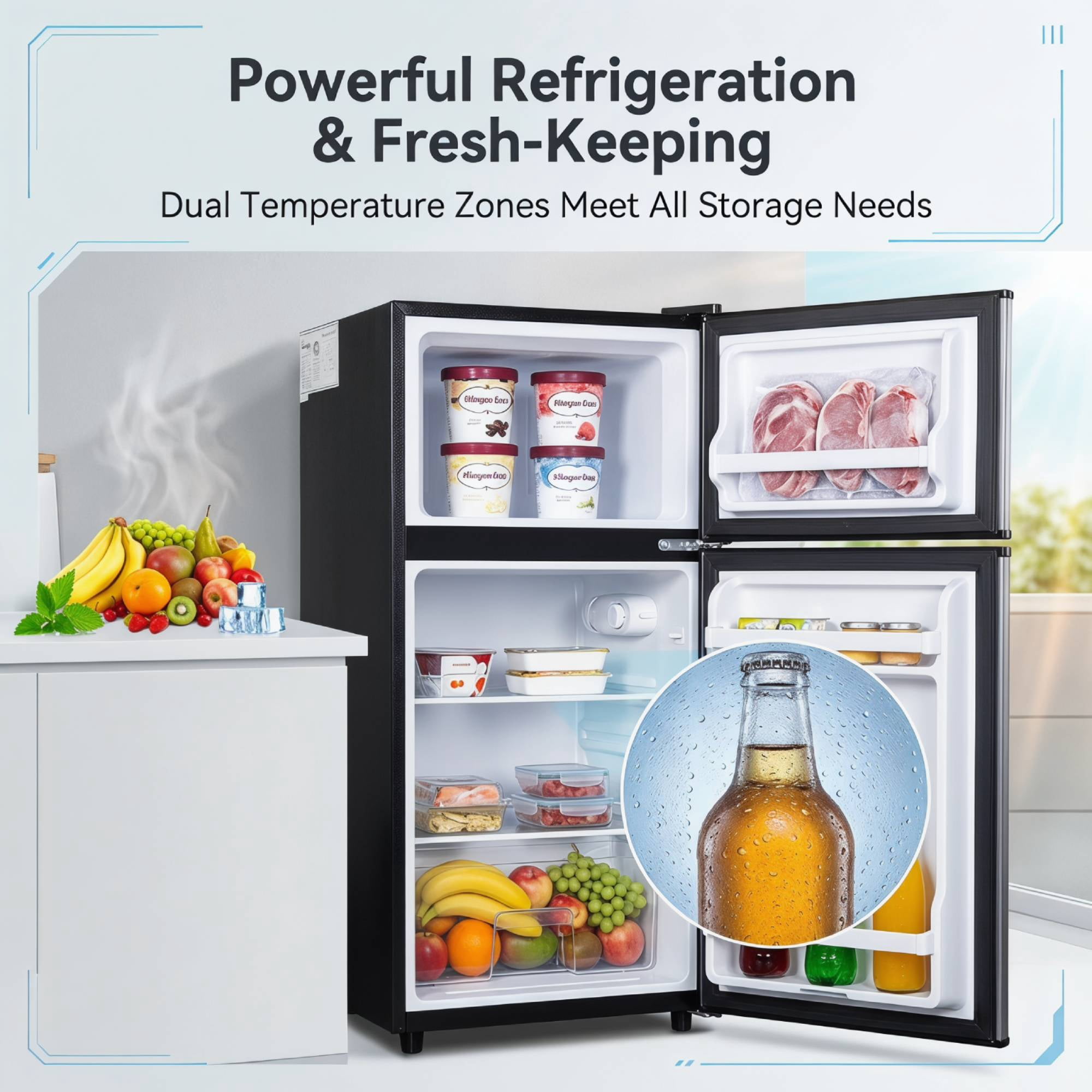 Mini Fridge Freezer, 2.9 Cu.Ft 2 Door Small Refrigeratorwith 7 Temperature Control Freezer&nbsp;Fridge for Office, Kitchen and Apartment, Dorm