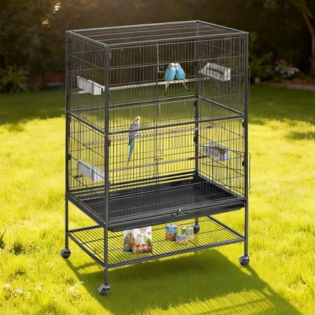 Bird Cage, 31.5 x 20.5 x 52 inch, Flat Top, Wrought Iron Bird Flight Cage with Perches, Slide-Out Tray and Plastic Feeders, Casters, for Parrot, Blue Tit, Cockatiel, Canary, and Monk Parakeet