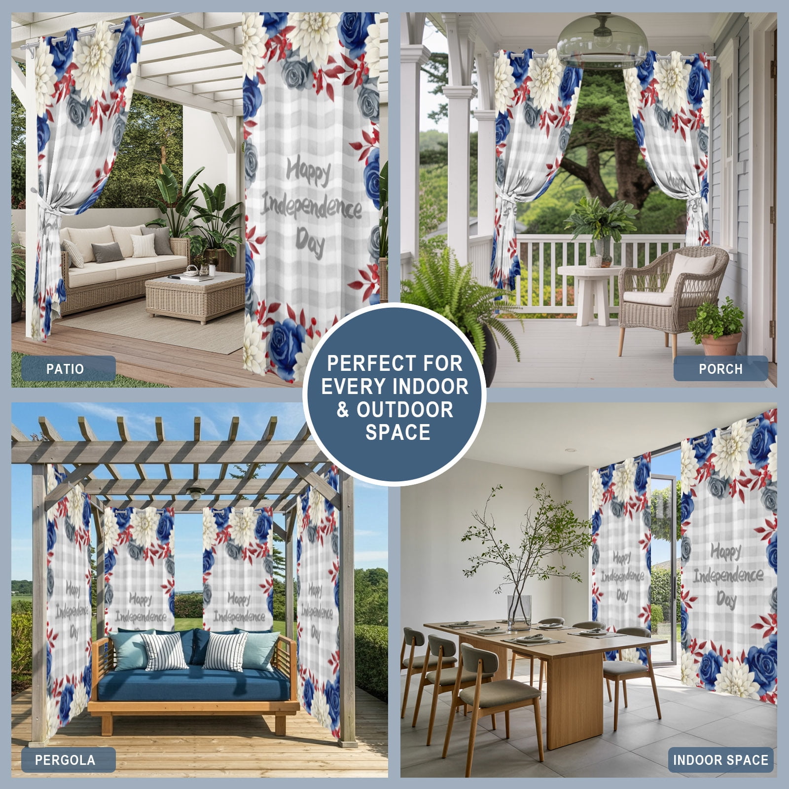 Happy Independence Day Outdoor Curtains for Patio, Red Blue Rose Dahlia Floral Plaid Sunshade Privacy Drapes Grommet Waterproof Outside Curtains for Porch/Cabana/Balcony 54"x 84", 1 Panel