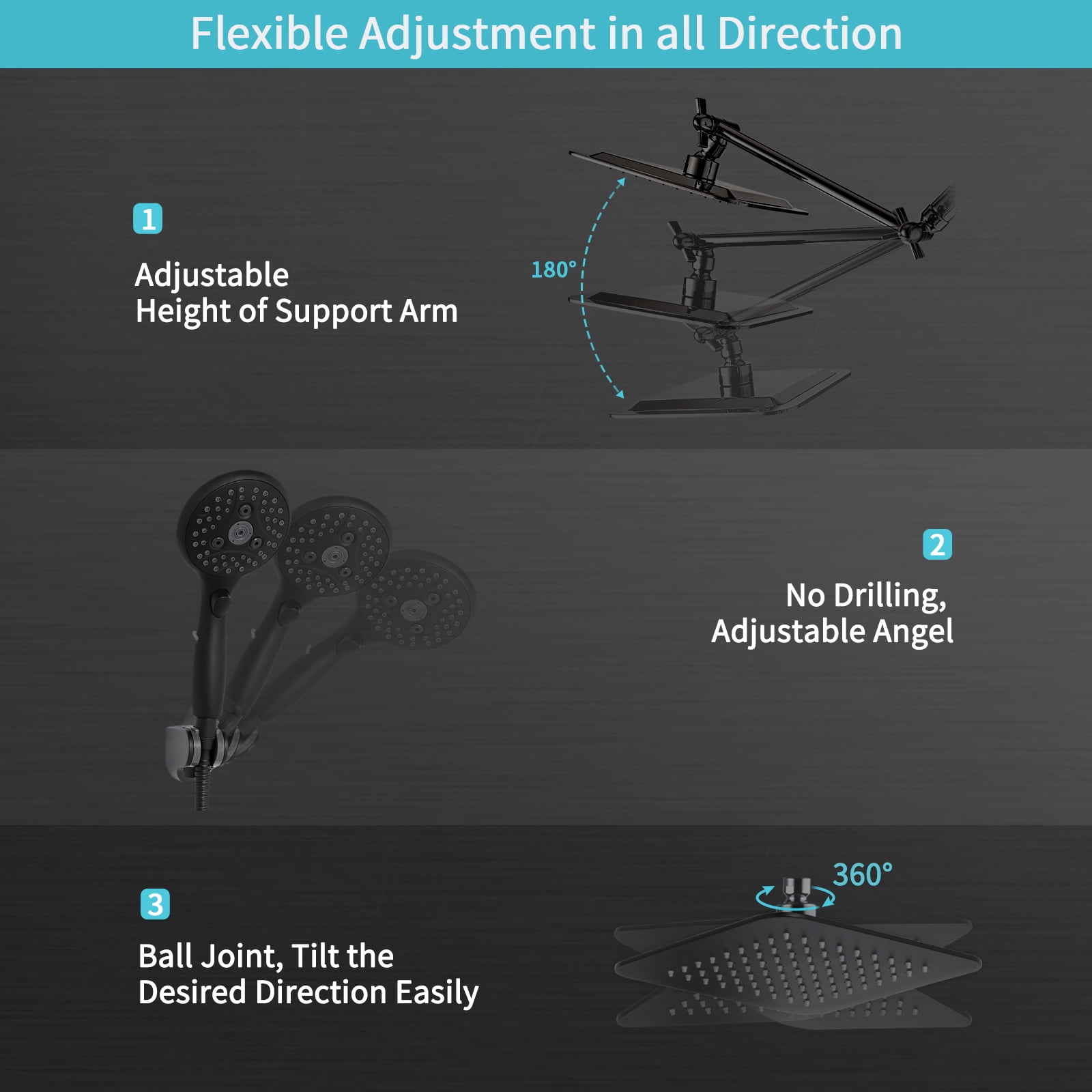 VXV 7-Setting Shower Head, 8” Rain Shower Head with Handheld Spray Combo, 11" Extension Arm Height Adjustable, High Pressure Shower Heads, Matte Black