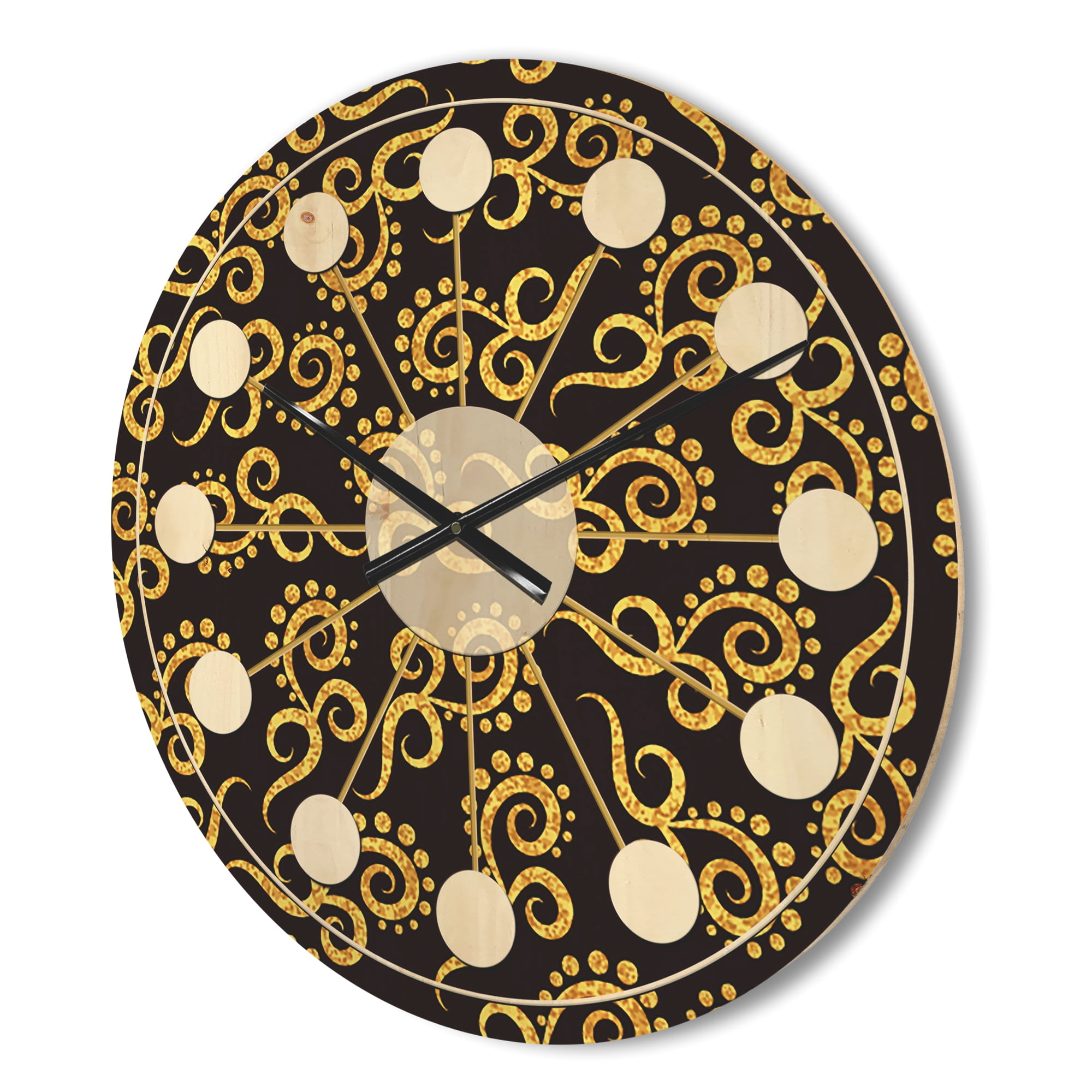 Designart 'Black and Gold Swirl II' Mid-Century Modern Wood Wall Clock