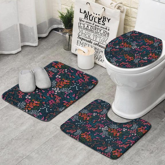 Pioneer Flower Floral Print Pattern Bathroom Rugs Sets 3 Piece,Toilet Cover Set,Absorbent Non Slip Bathroom Mats Sets with U-Shaped Contour Rug Toilet Rug Set