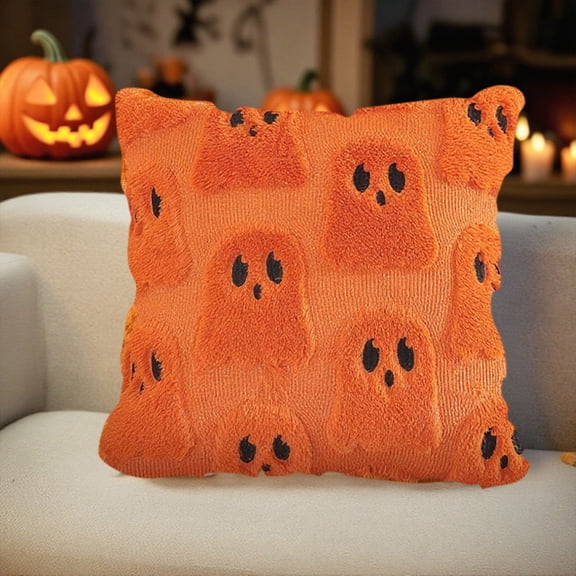 Cute Little Ghost Plush Pillow Cover, 18x18 Inch 3D Smile Ghost Cushion Case, Soft Fluffy Halloween Decor for Room Saffron