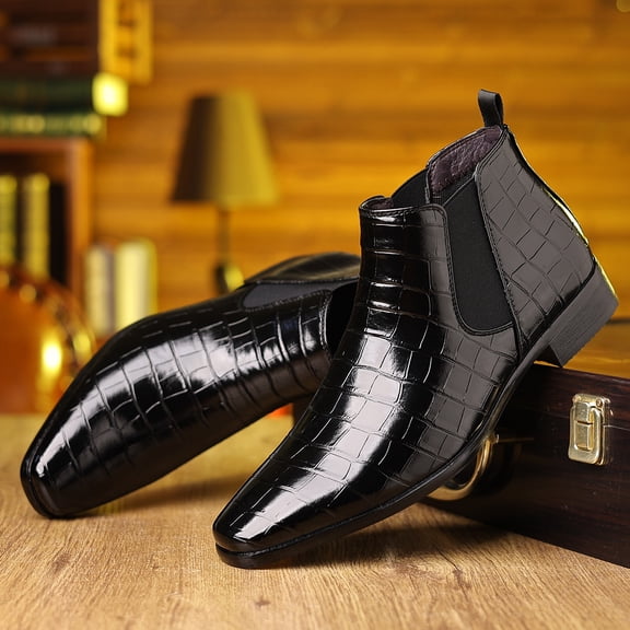 Men'S Genuine Crocodile-Embossed Chelsea Boots - Glossy Slip-On Ankle Boots with Pointed Toe, Business Formal Luxury Dress Shoes,  Synthetic for Office, Wedding, Part& All-Season Durable Rubber Sole