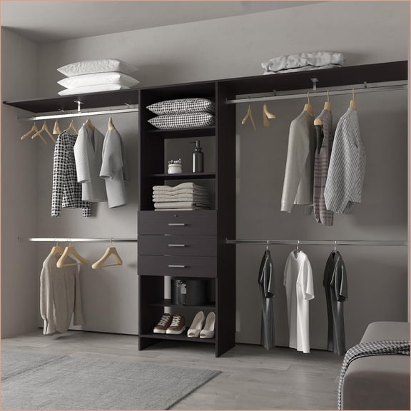 Closet Organizer System, Modular with Hanging Rods Shelves Drawers, 73.6"H x 118.1"W x 15.7"D | Wengue | Particle Board
