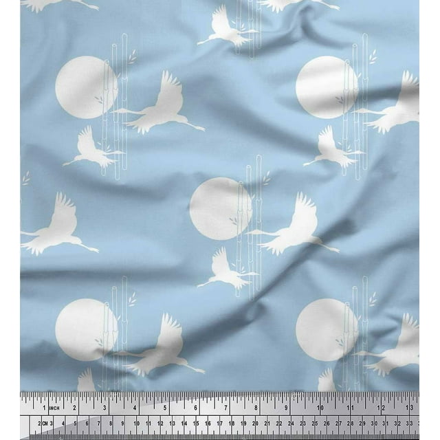 Soimoi Rayon Fabric Bamboo Tree,Moon & Stork Bird Decor Fabric Printed Yard 56 Inch Wide