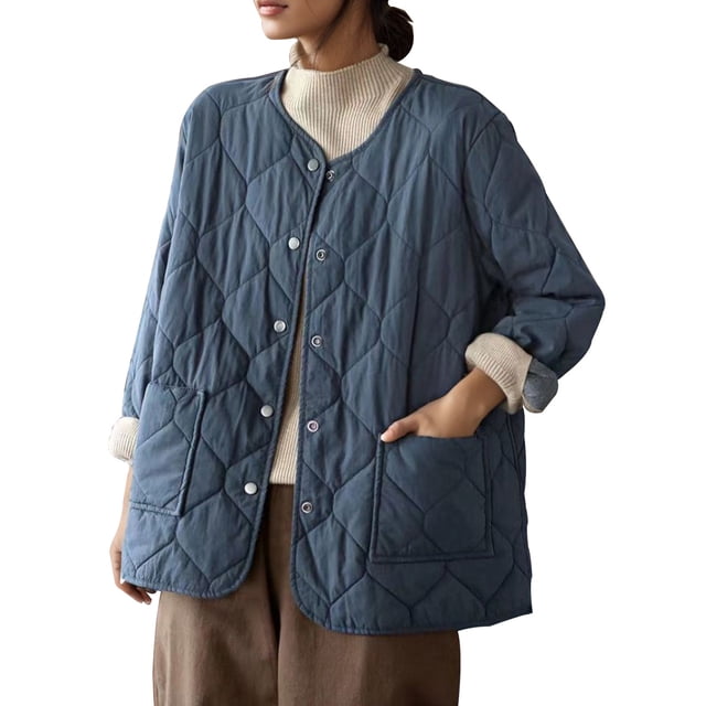 Women's Solid Color Round Neck Metal Button Plus Size Lightweight Coat Jacket Outerwear For Cold Weather
