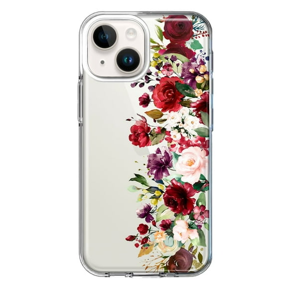 MUNDAZE Case for Apple iPhone 15 Plus Hybrid Shockproof Slim Hard Soft TPU Shell Heavy Duty Protective Phone Cover - Red Summer Watercolor Floral Bouquets Ruby Flowers