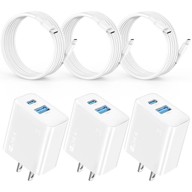 1 Hora 3 Paquetes Cargador Carga Rápida 20W 2 en 1, Cargador Tipo C PD 20W + USB A QC 18W con Cable
