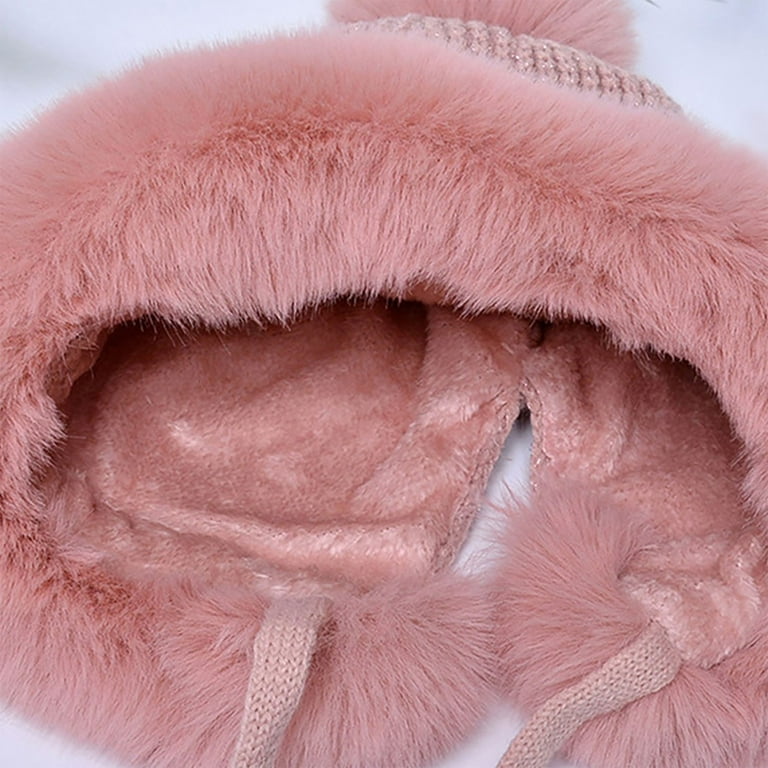 Pom Sequin Cold Faux Warm Biziza Winter Cap Pom Lined Cute Women Fur Knit Hat Weather Womens Beanie Cool Winter Fleece Pink Cute Soft for Skull Ears