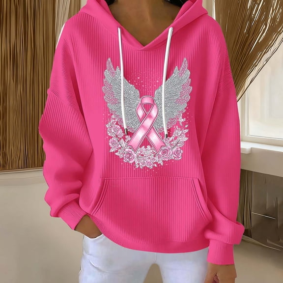 Essentials Hoodie Ndbuld Ladies' Fashionable Casual Printed Solid Color Long Sleeved Pocket Hooded Groove Stripe Top Hoodie Hot Pink S