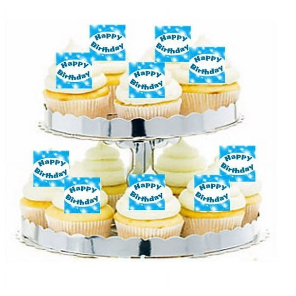 24pk Happy Birthday SkyBlue Happy Birthday Edible Cupcake  Decoration Toppers / Picks