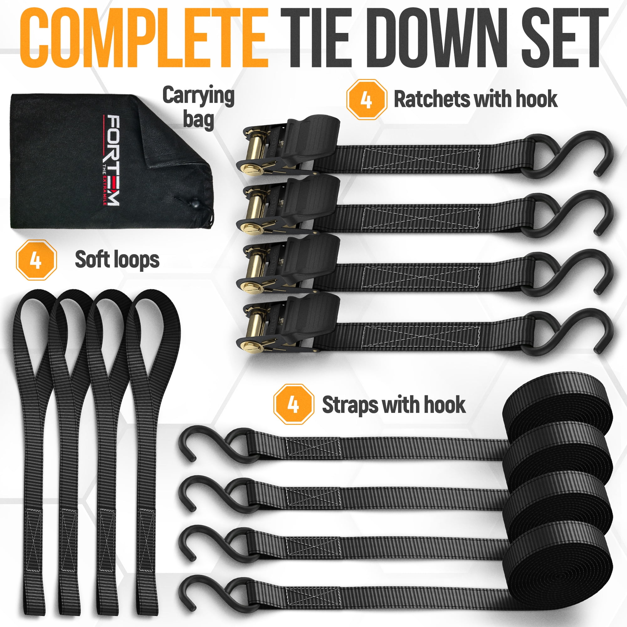 FORTEM Ratchet Straps, 1650lb Break Strength, 4 Pack 15ft x 1in Tie Down Strap Set, 4 Soft Loops, Motorcycle Straps Tie Downs, Cargo Cam Buckles for Trucks, Rubber Handles, Carry Bag