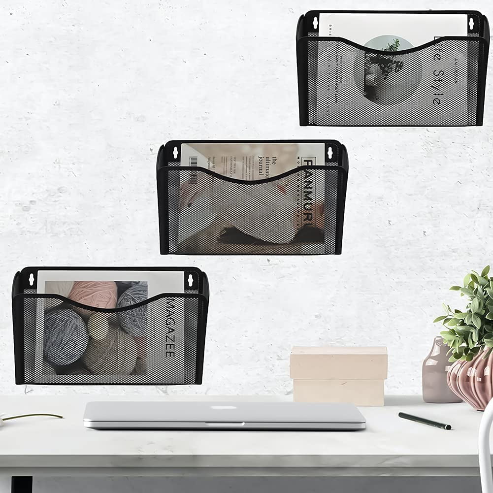 Casewin Mesh File Holder Wall Organizer,3 Pockets Hanging File Organizers,Wall Mounted Paper Organizer Holders Wall Bins for Office and Home, Black