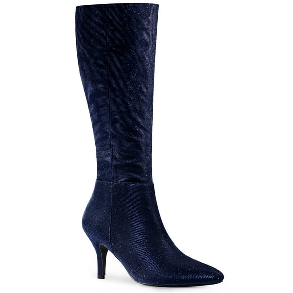 Unique Bargains Women's Pointy Toe Sparkle Glitter Stiletto Heel Knee High Boots Deep Blue (Size 8)