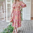 thumbnail image 2 of Femmes Plage Midi Robe Florale Imprimé Puff Manches Mode Été Plissée Robe, 2 of 7
