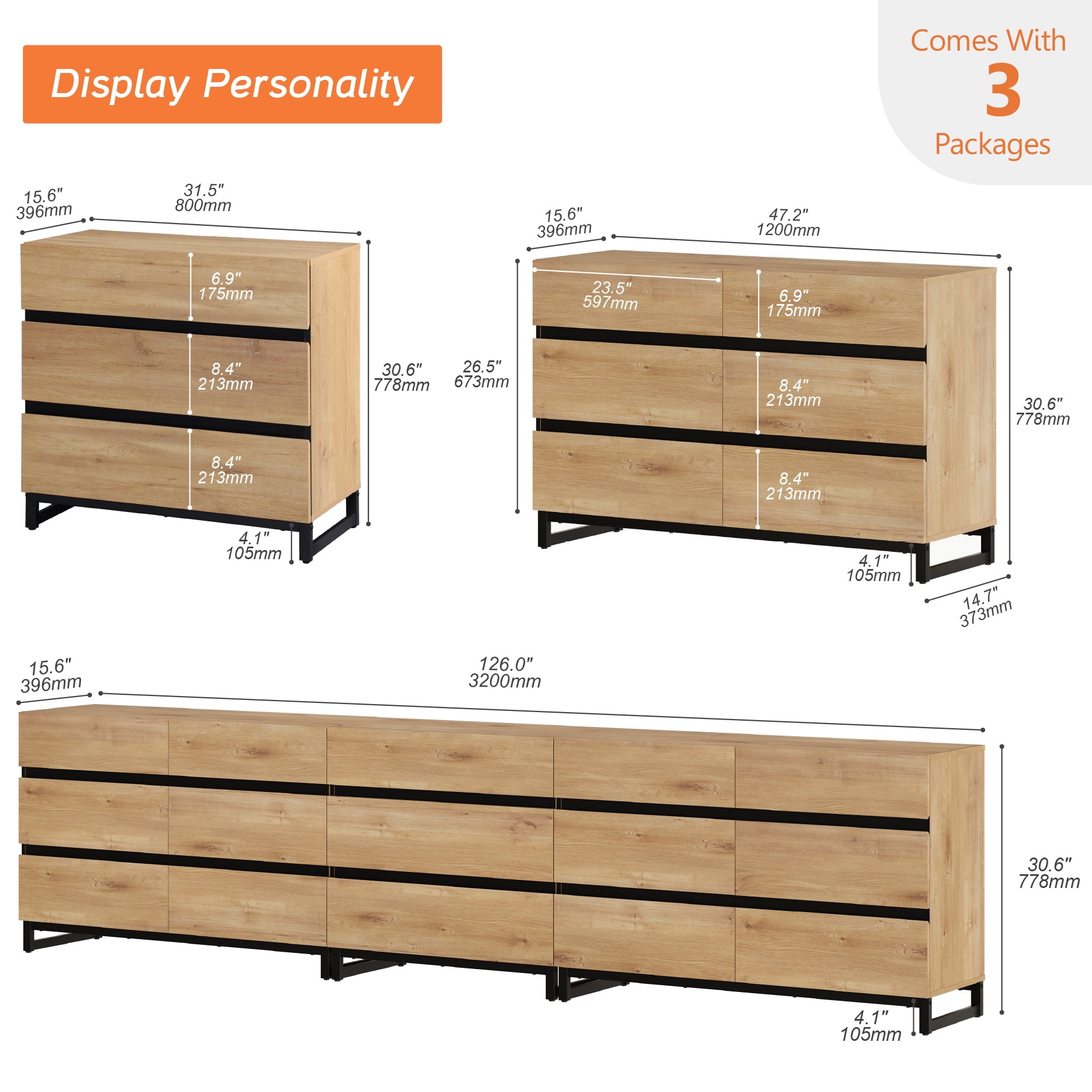 3 In 1 Multifunctional Sideboard Buffet Cabinets With 15 Drawers, Modern Sideboard Credenza With Adjustable Shelf And Metal Base, Coffee Bar Cabinet Storage Cabinet For Living Room, Kitchen