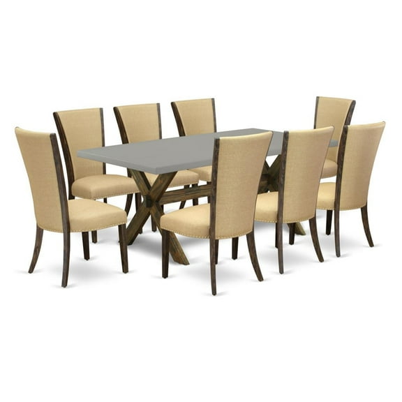 East West Furniture X797VE703-9 9Pc Kitchen Set Offers a Dining Table and 8 Parsons Dining Room Chairs with Brown Color Linen Fabric, Medium Size Table with Full Back Chairs, Distressed Jacobean...
