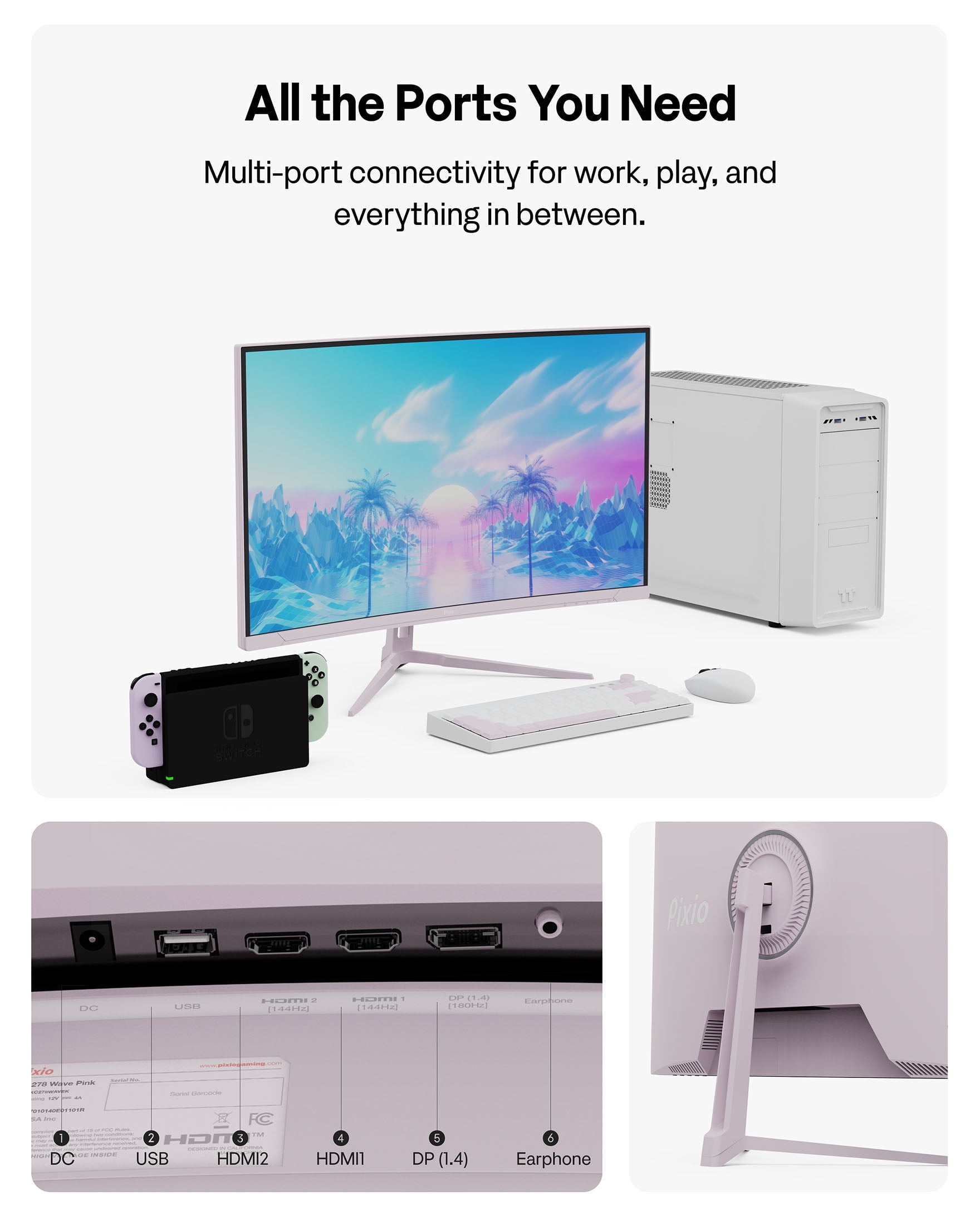 Pixio PXC278 Wave Pink 27 inch 180Hz Refresh Rate QHD 1440p Resolution 1650R Curved Fast VA Panel 1ms GTG Response Time Adaptive Sync HDR Curved Gaming Monitor